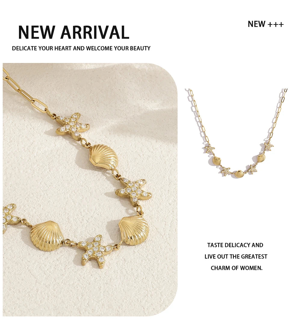 Necklace Starfish Shell Choker Beach Vacation — 316L Stainless Steel · PS398