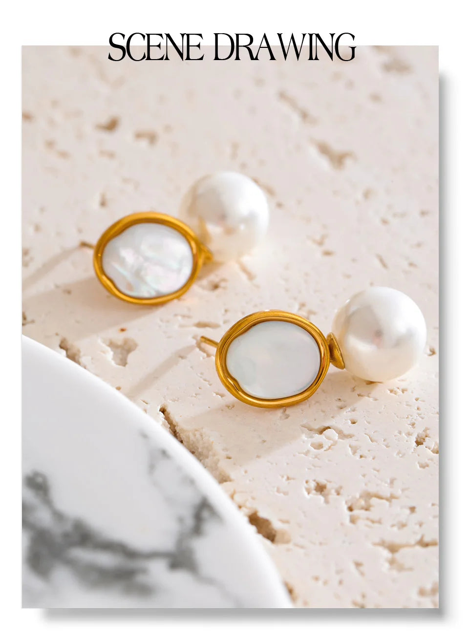 Pearl shell geometric earrings in gold-plated stainless steel with pearl and shell.