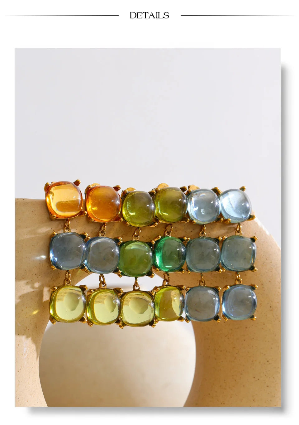 Resin acrylic multi-color earrings in gold-plated stainless steel with resin and acrylic.