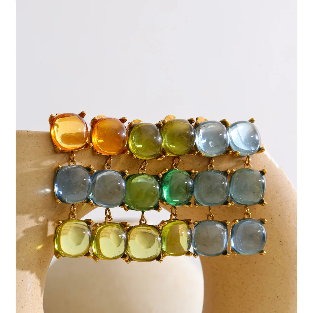 Resin acrylic multi-color earrings in gold-plated stainless steel with resin and acrylic.