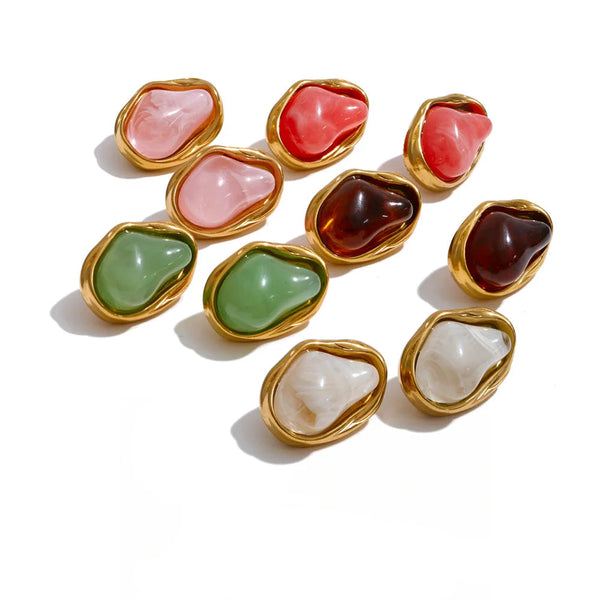 Gold-plated stainless steel earrings with resin and acrylic stones in red, green, and brown colors.