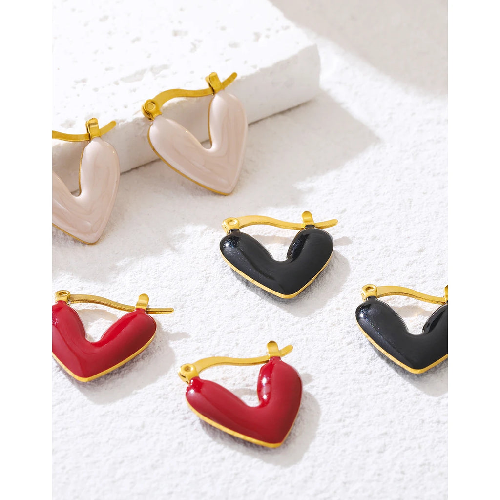 Hoop Earrings Heart Pink Black Red Enamel Vintage — 316L Stainless Steel · PS393