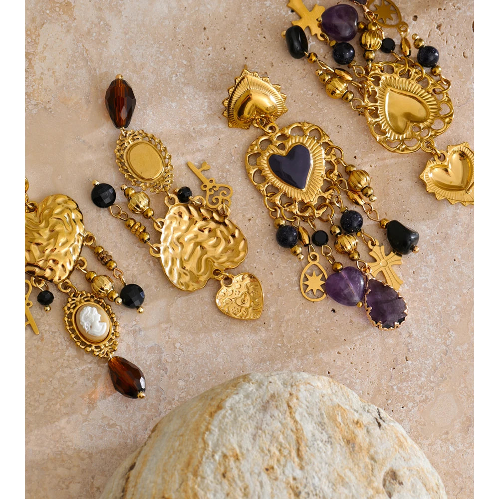 Resin Heart Cross Earrings — Gold-Plated Stainless Steel with Resin