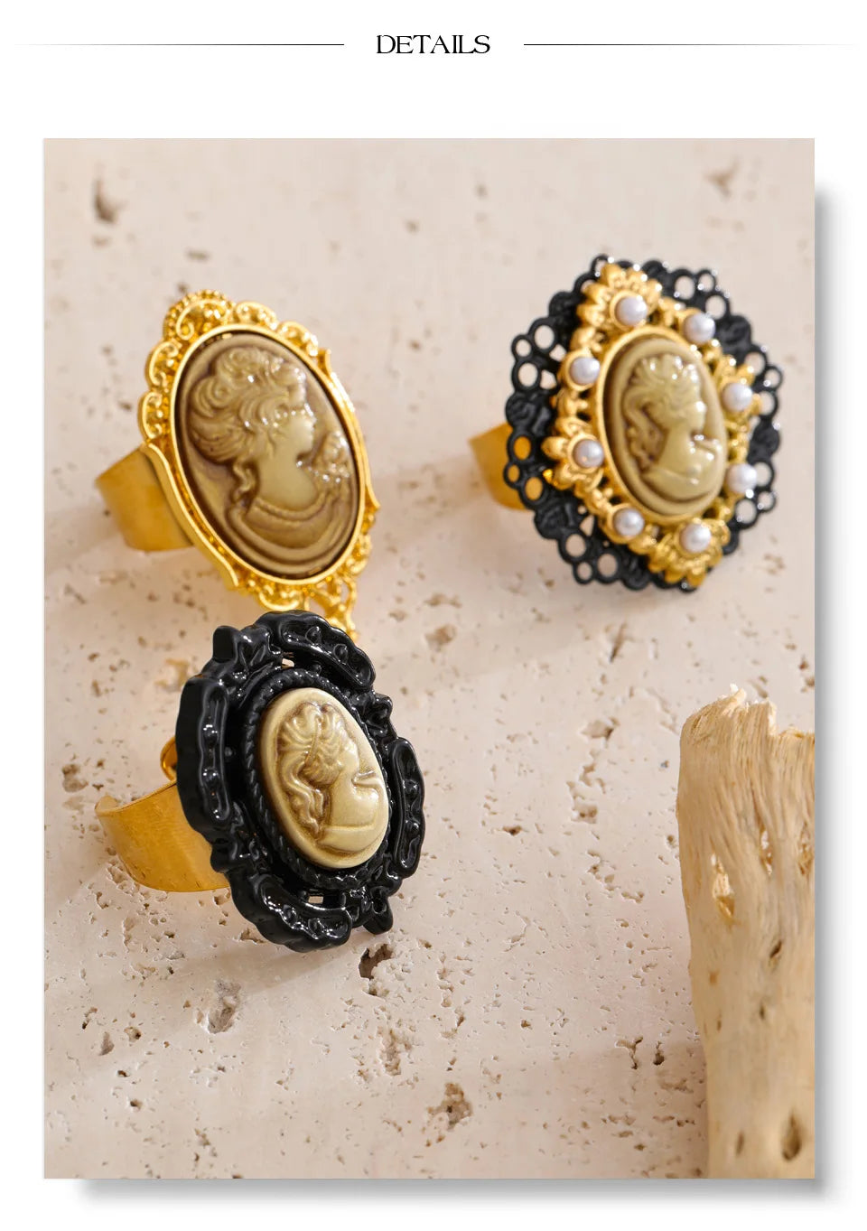 Pearl resin geometric ring in 18K gold-plated stainless steel with pearl and resin.