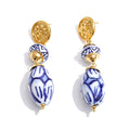 Gold-plated stainless steel earrings with blue and white marble pattern.