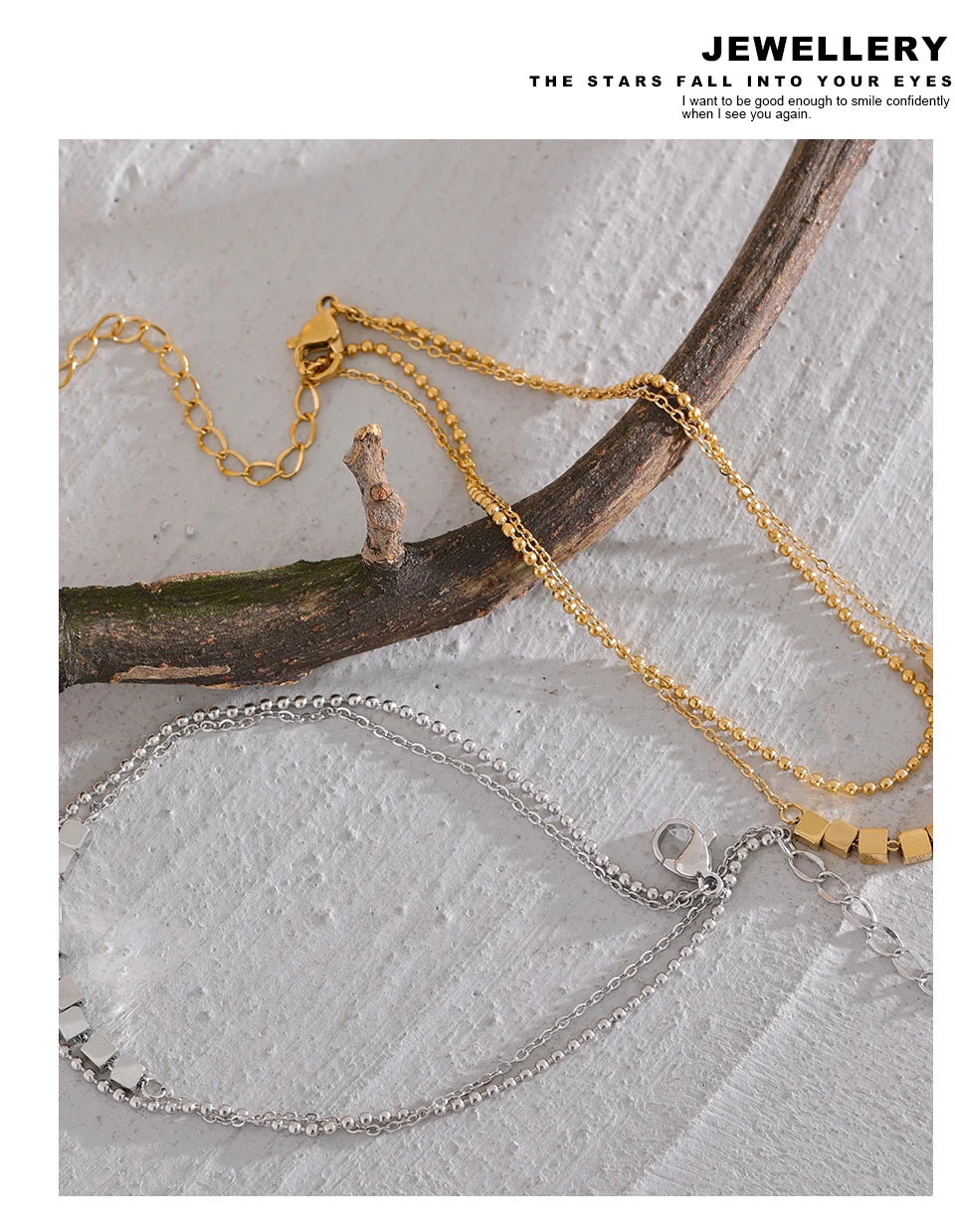 Beaded Geometric Chain Anklet — Gold-Plated Stainless Steel · PS2297