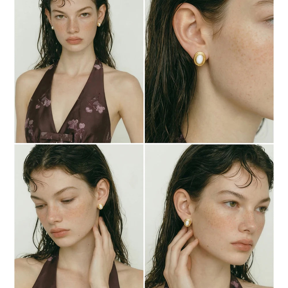 Natural Stone Geometric Earrings — Gold-Plated Stainless Steel with Natural Stone · PS1654