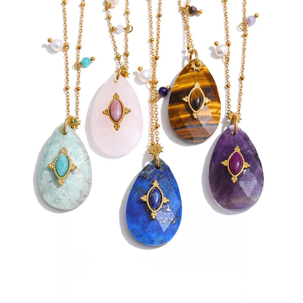 Gold-plated stainless steel necklace with multi-colored stones.