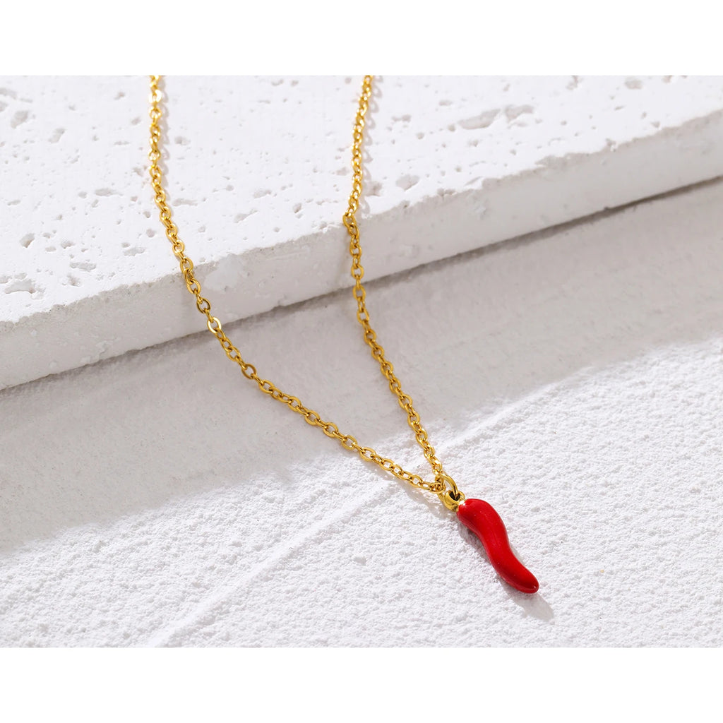 Chain Necklace Enamel Red Hot Pepper Pendant — 316L Stainless Steel · PS474