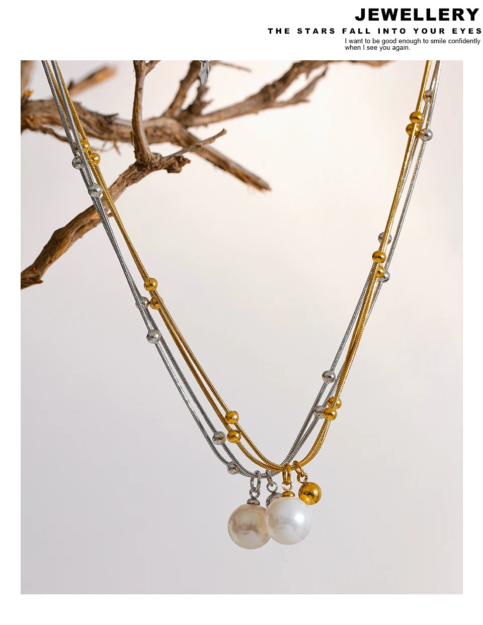 Pearl beaded geometric necklace in gold-plated stainless steel with pearl.