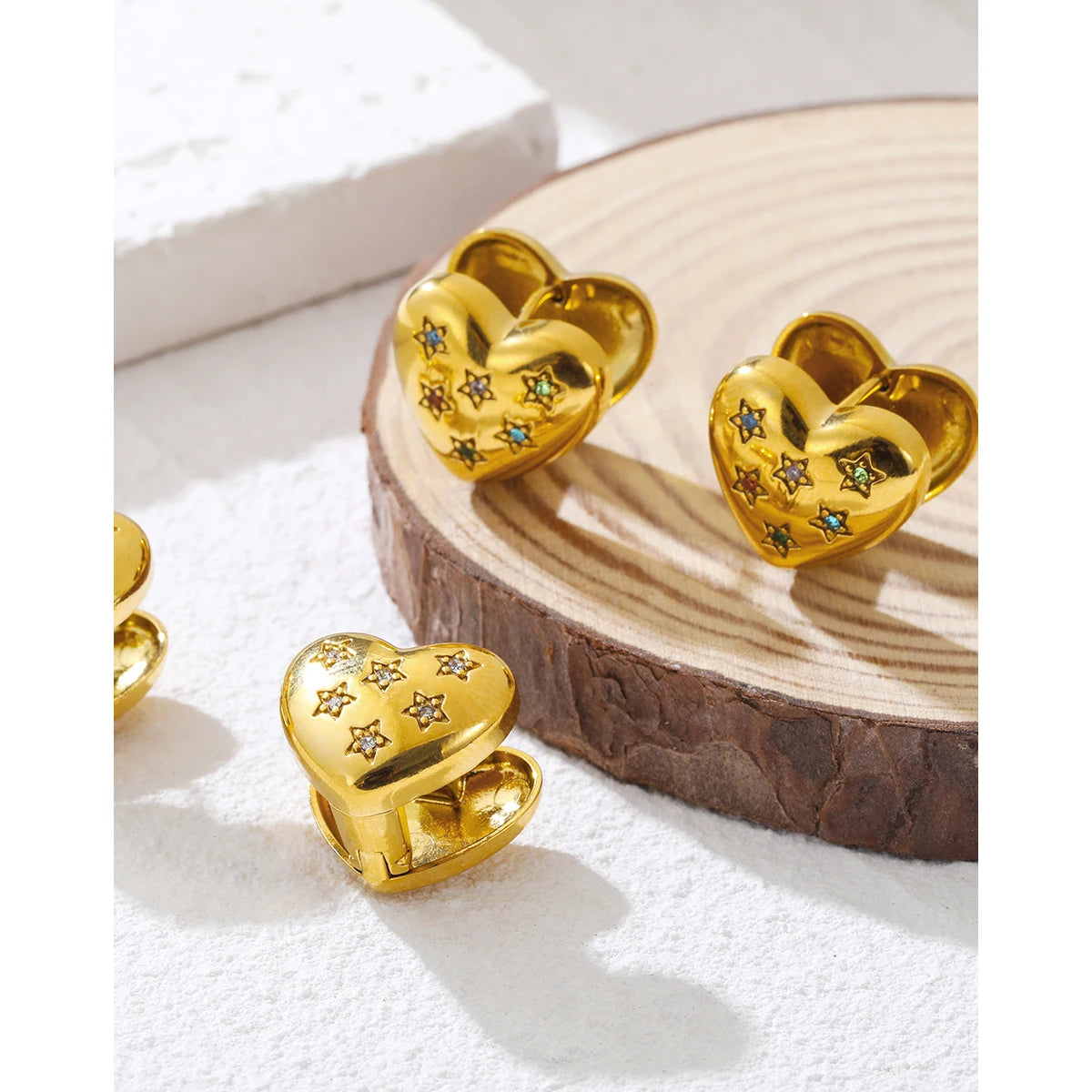 Heart Star Crystal Ear Buckle Earrings — 316L Stainless Steel · PS392