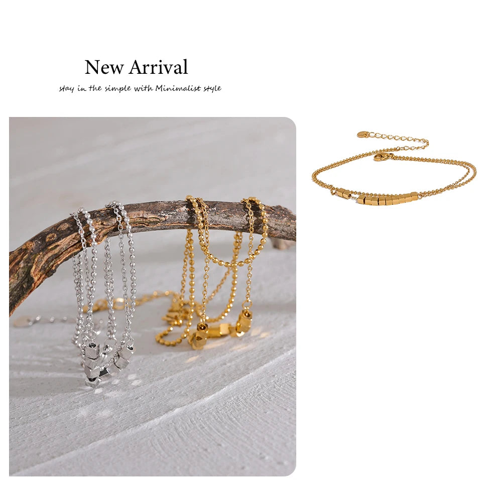 Beaded Geometric Chain Anklet — Gold-Plated Stainless Steel · PS2297