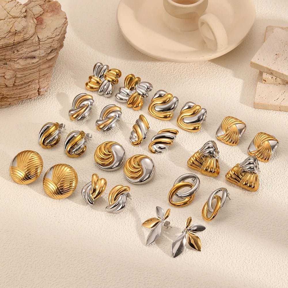 New Fashion Design Gold Silver Mixed Color Titanium Steel Geometric Stud Earrings Set Women's Classic Charm Waterproof Jewelry