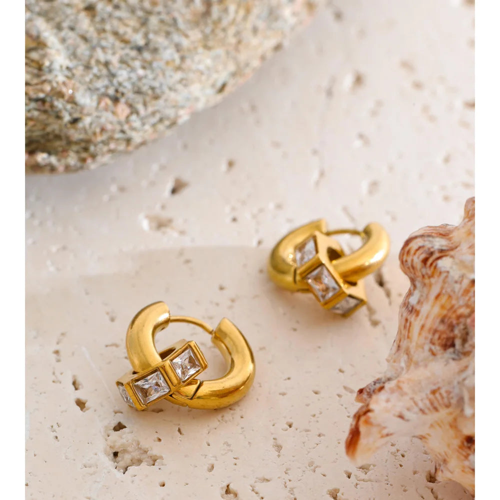 Cubic Zirconia Geometric Earrings — Gold-Plated Stainless Steel with Cubic Zirconia · PS1309