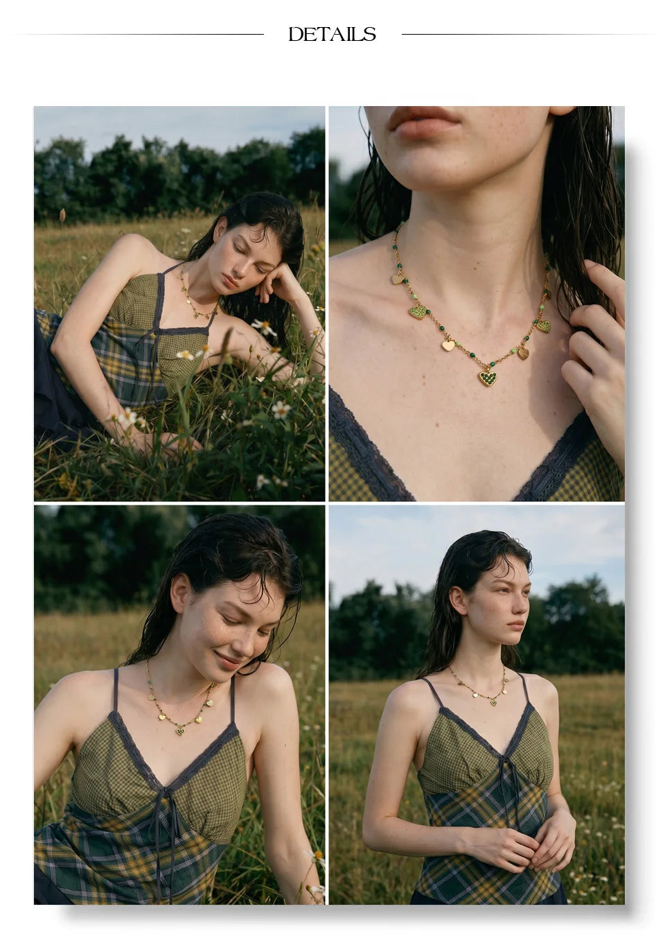 Crystal natural stone heart necklace in gold-plated stainless steel with natural stone and crystal.