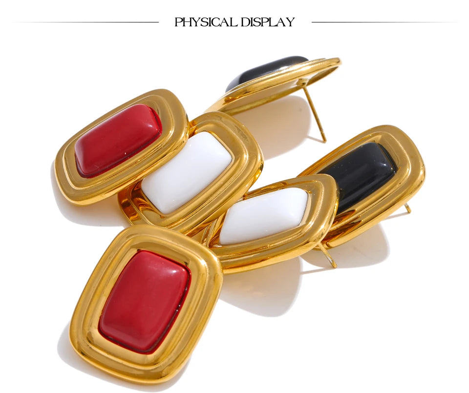 Black Natural Stone Geometric Earrings — Gold-Plated Stainless Steel with Natural Stone · PS1596