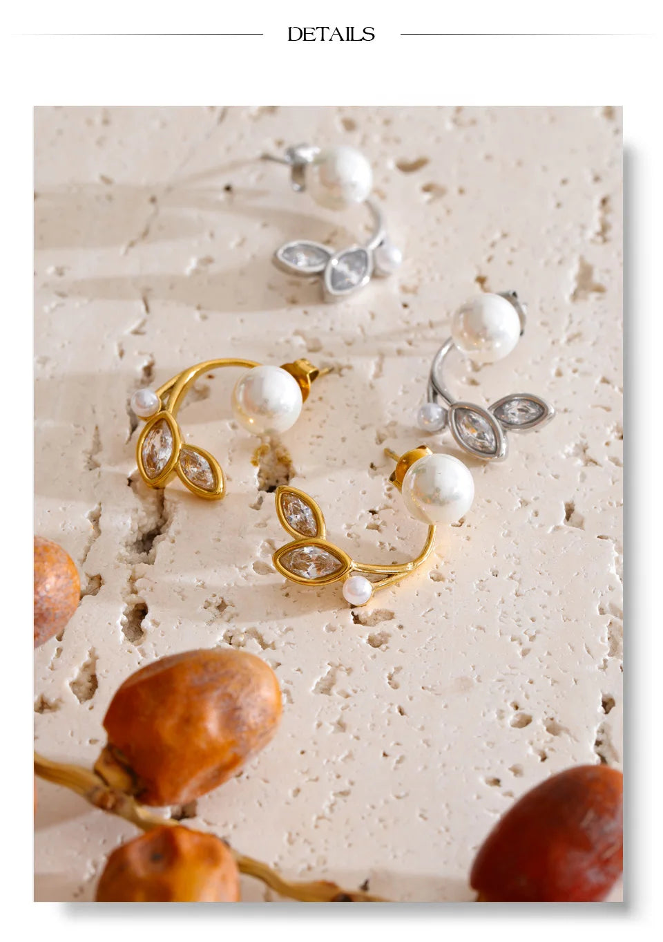 Cubic Zirconia Pearl Geometric Earrings — Gold-Plated Stainless Steel with Pearl and Cubic Zirconia · PS1303