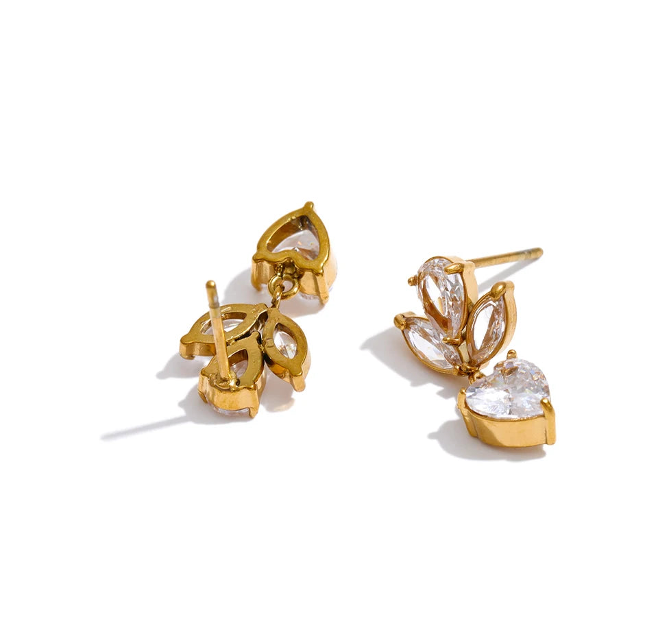 Cubic Zirconia Heart Flower Earrings — Gold-Plated Stainless Steel with Cubic Zirconia · PS1308