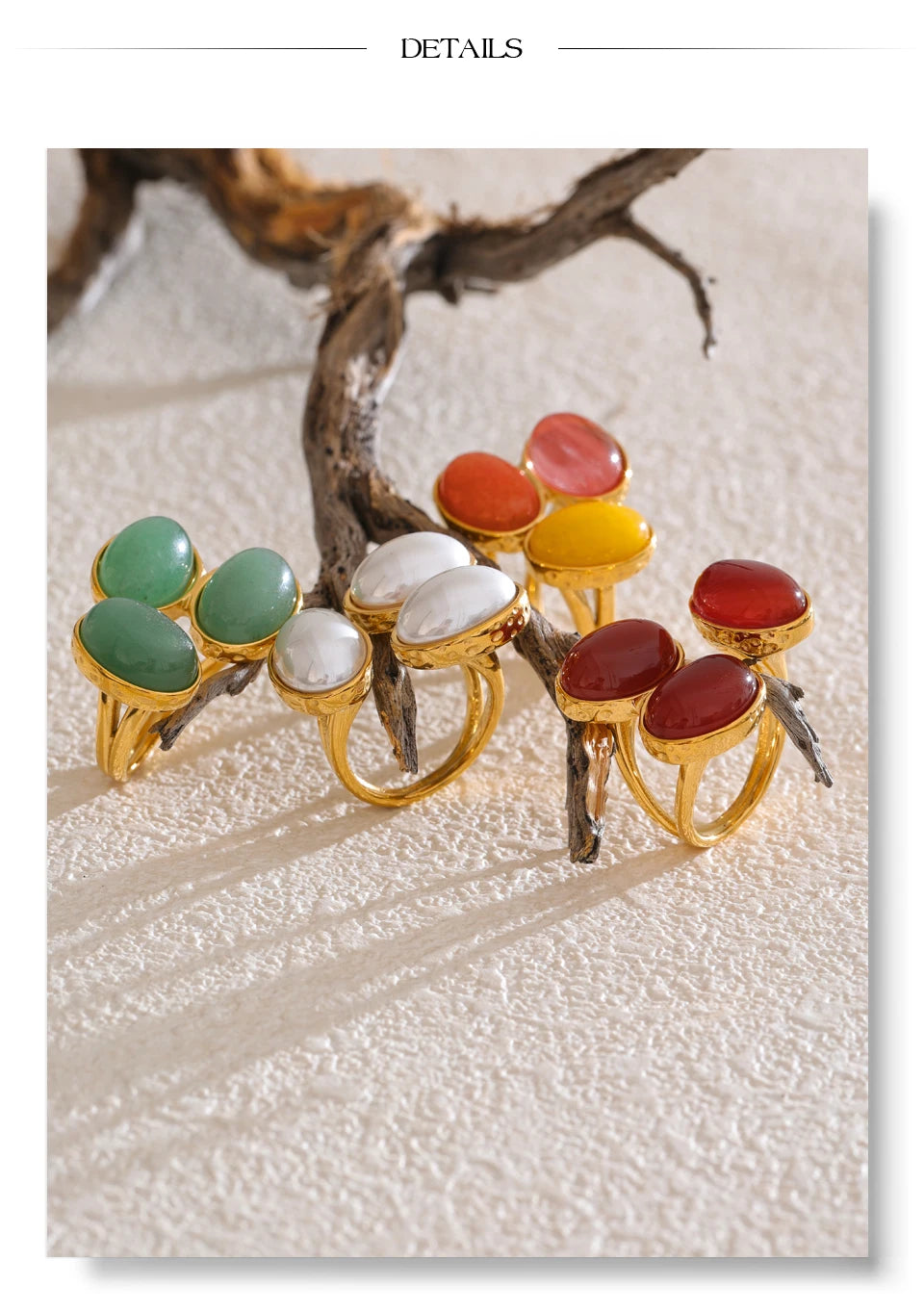 Pearl shell natural stone ring in 18K gold-plated stainless steel with pearl and natural stone.