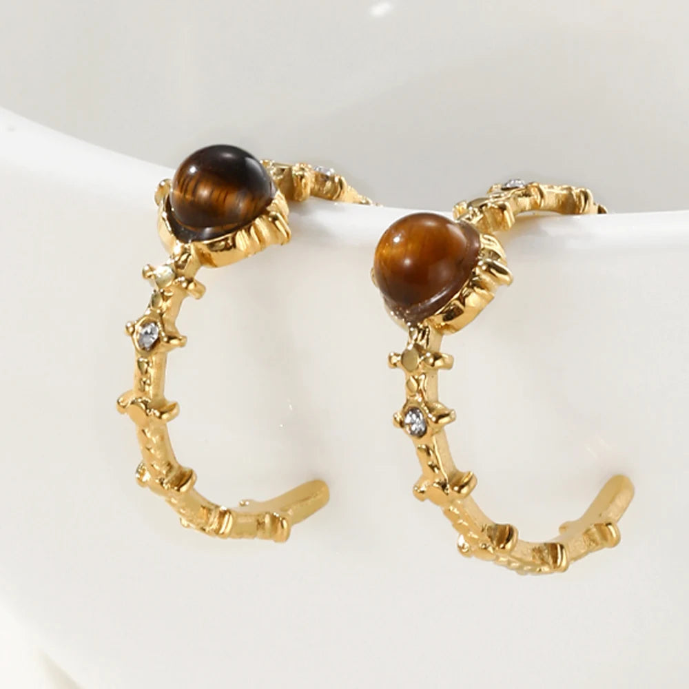 Hoop Earrings Amber Natural Stone Crystal Irregular — 316L Stainless Steel · PS480