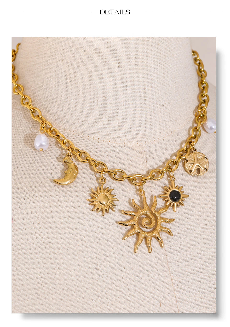 Pearl star moon necklace in gold-plated stainless steel with pearl.