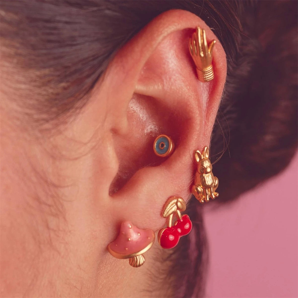 Stainless steel mushroom rabbit cherry earrings for cute women cartoon gold plating color preservation