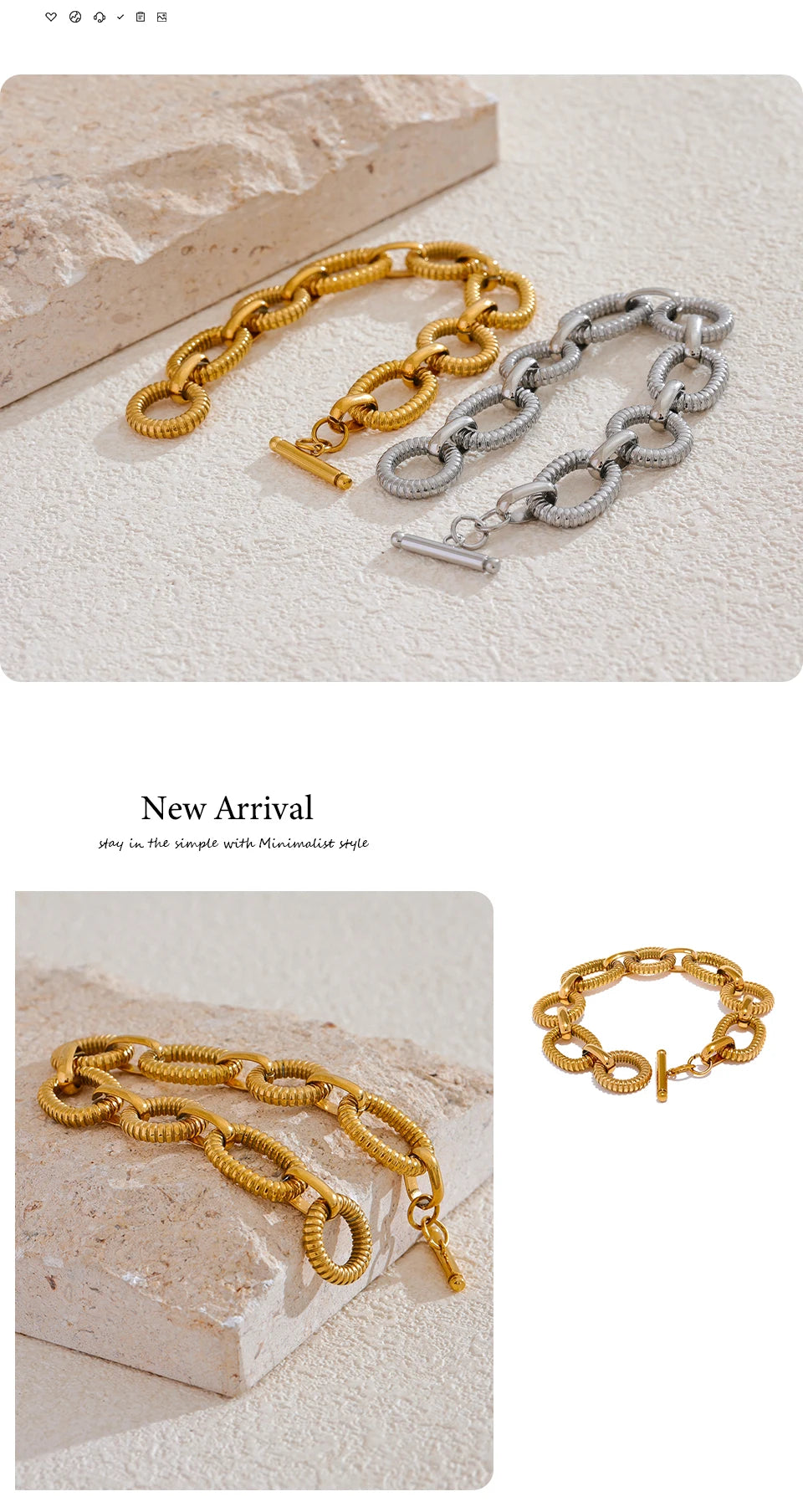 Hammered geometric chain necklace in gold-plated 316L stainless steel.