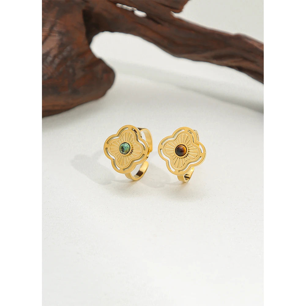 Ring Natural Stone Inlaid In Metal Texture Flowers — 316L Stainless Steel · PS461