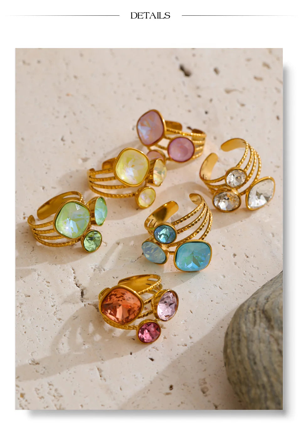 Crystal multi-color geometric ring in 18K gold-plated stainless steel with crystal.