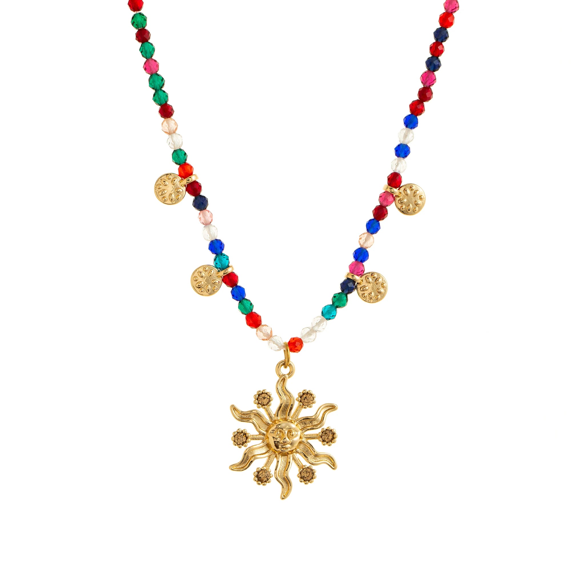 Vintage Sun Natural Stone Necklace Beaded Clavicle Chain Gold Coin Pendant Gold Plated Color Preserving