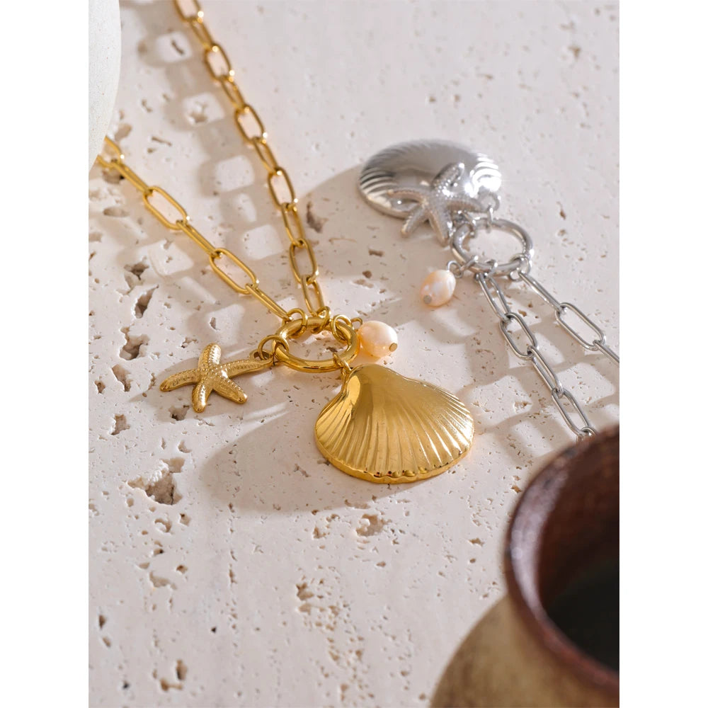 Freshwater Pearl Shell Star Necklace — Gold-Plated Stainless Steel with Freshwater Pearl and Shell · PS2305
