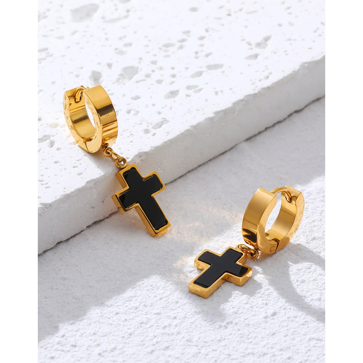 Cross Huggie Earrings Black Acrylic Charm — 316L Stainless Steel · PS456