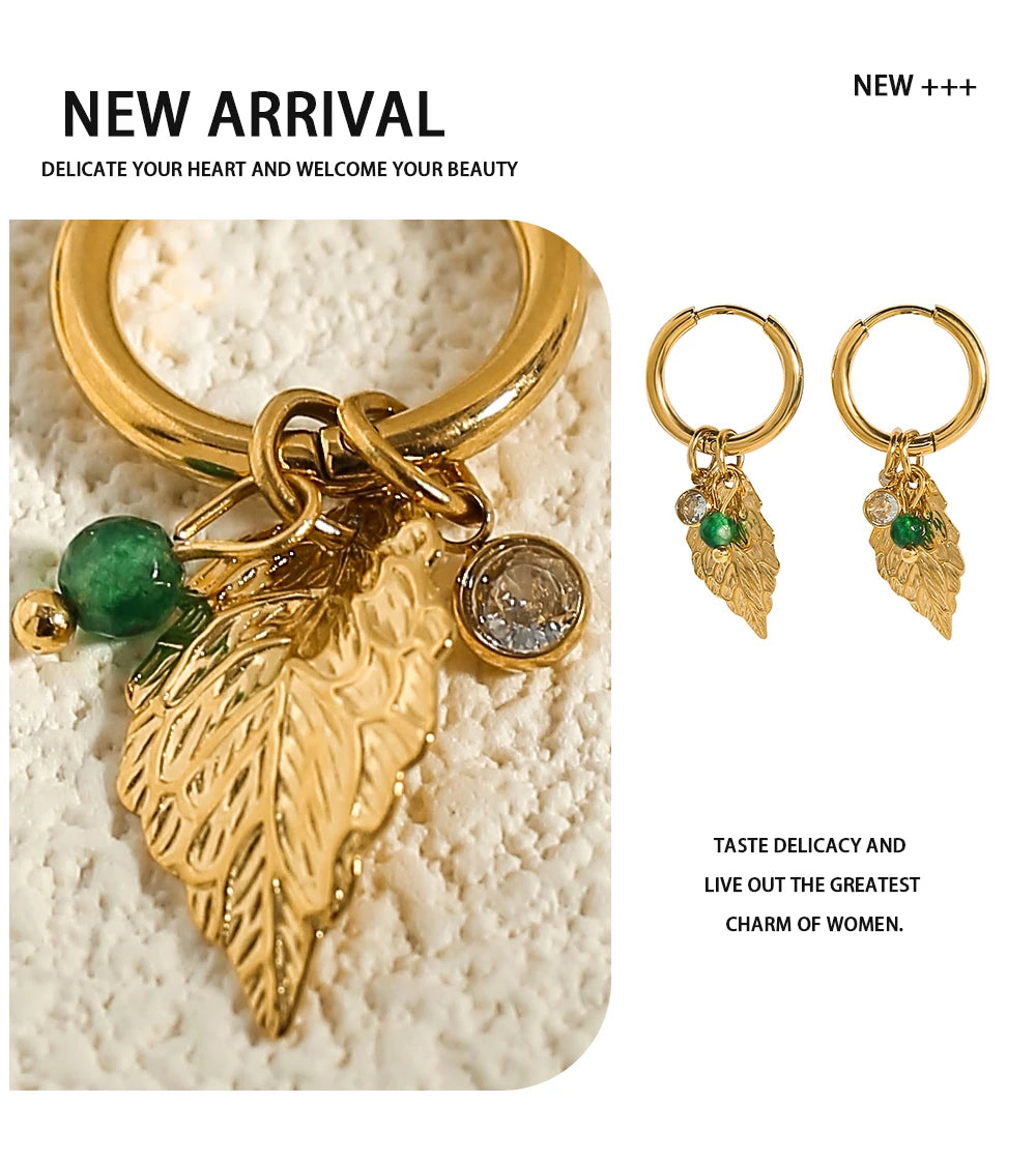 Hoop Earrings Metal Leaf Crystal Pendants — 316L Stainless Steel · PS457