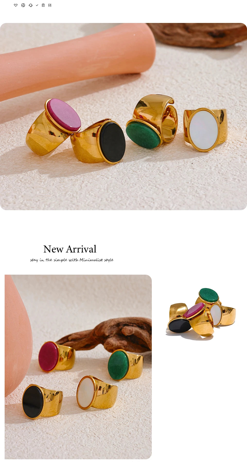 Natural stone geometric ring in gold-plated stainless steel with natural stone.