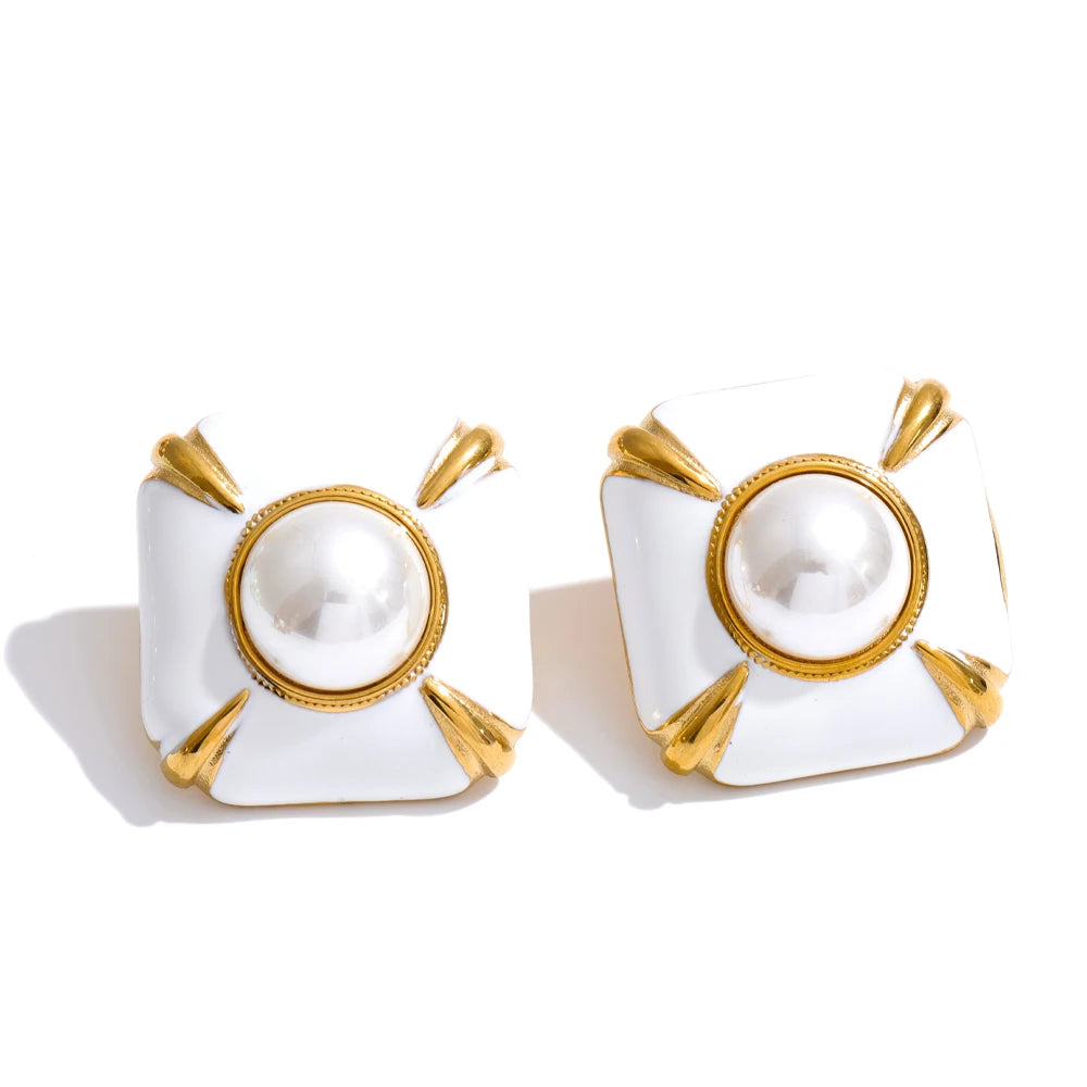 Pearl enamel multi-color earrings in gold-plated stainless steel with pearl and enamel.