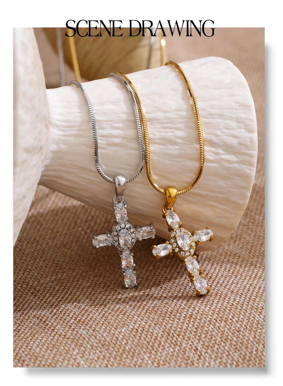 Cubic zirconia cross necklace in gold-plated stainless steel with cubic zirconia.