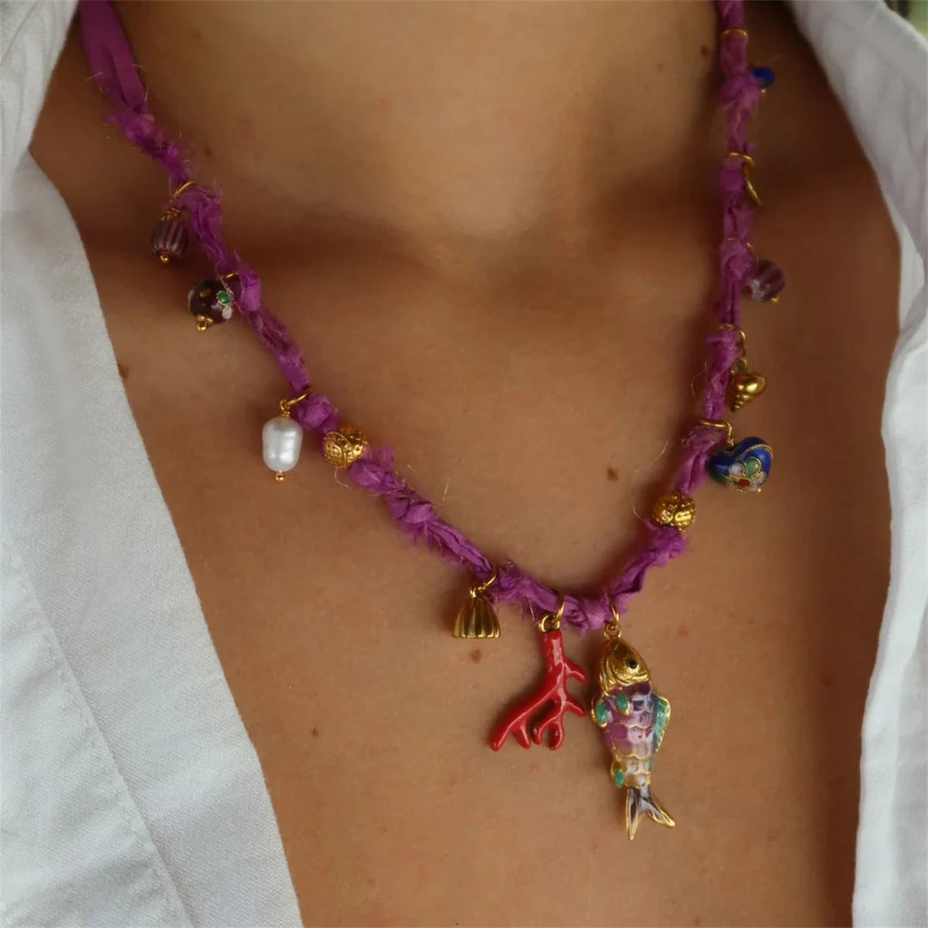 Beach Vacation Dopamine Necklace Coral Pearl Little Fish DIY Necklace Women Gold Plated Color Preserved