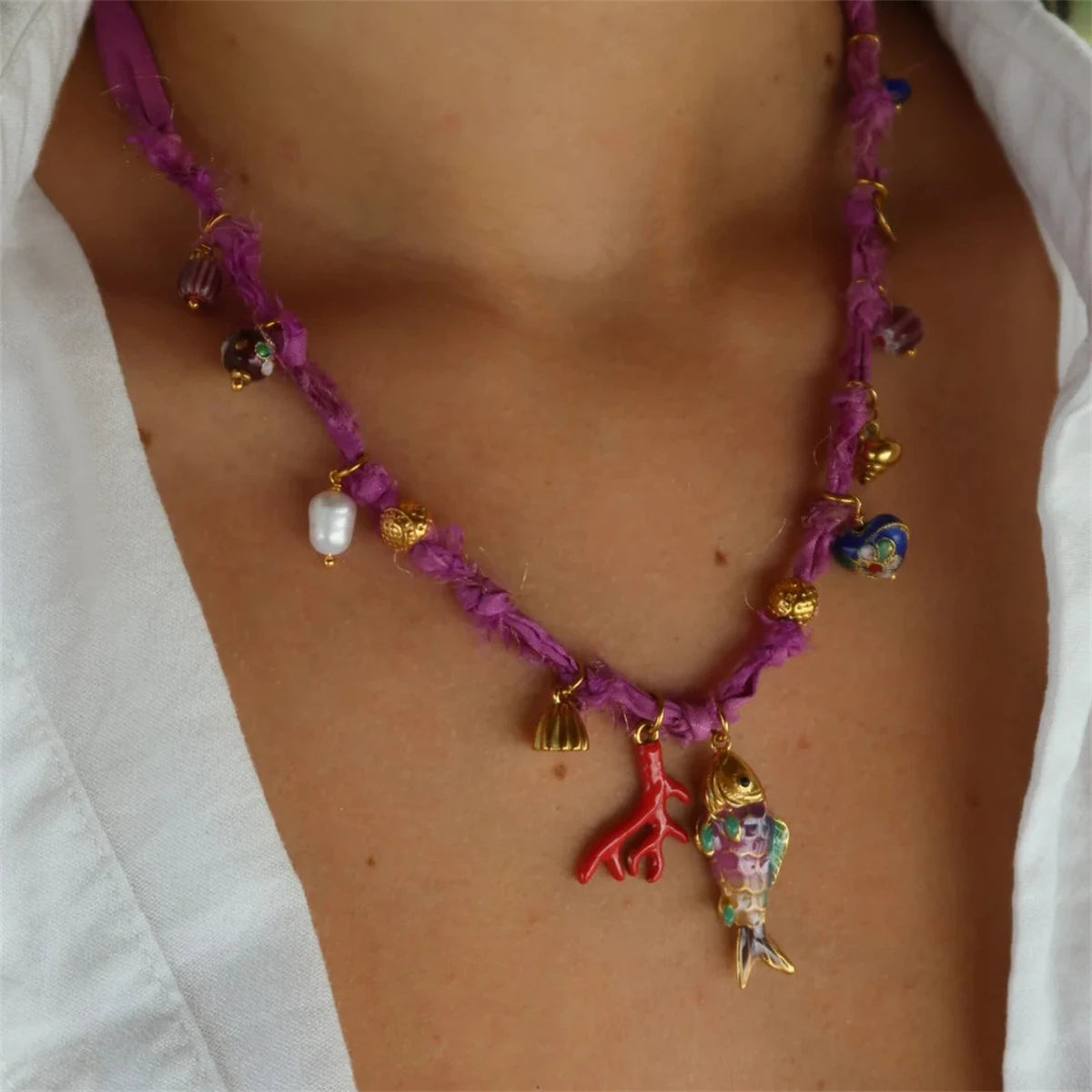 Beach Vacation Dopamine Necklace Coral Pearl Little Fish DIY Necklace Women Gold Plated Color Preserved