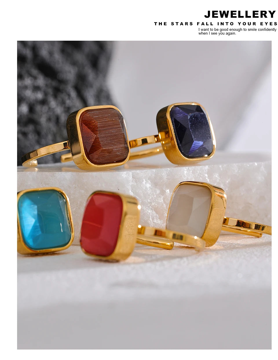 Natural stone multi-color geometric ring in 18K gold-plated stainless steel with natural stone.