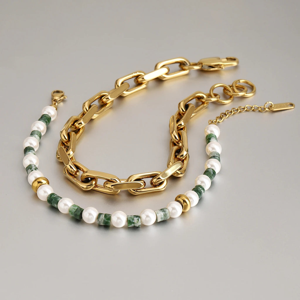 Green Bead Chain Bracelet Stack — Stainless Steel · PS016