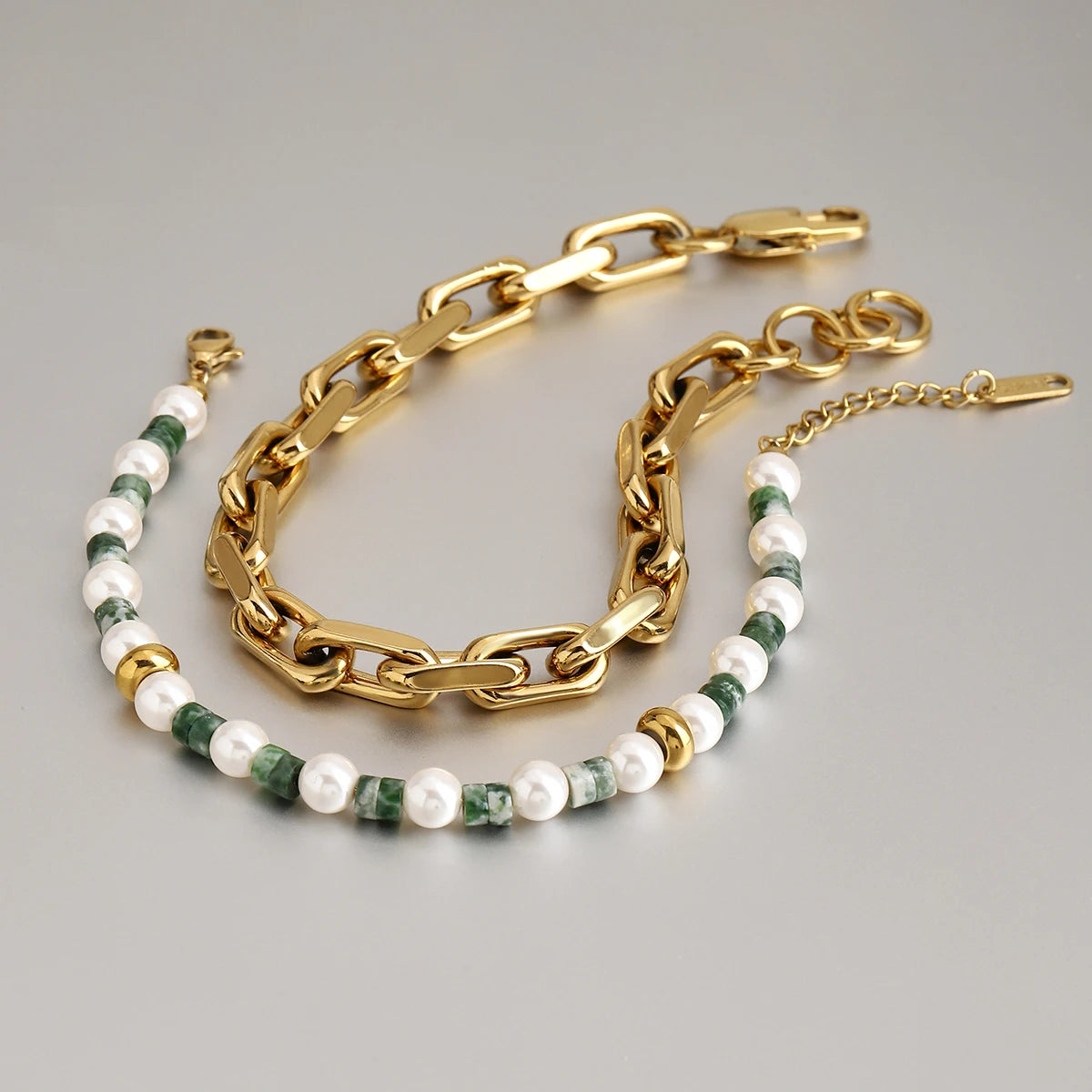Green Bead Chain Bracelet Stack — Stainless Steel · PS016