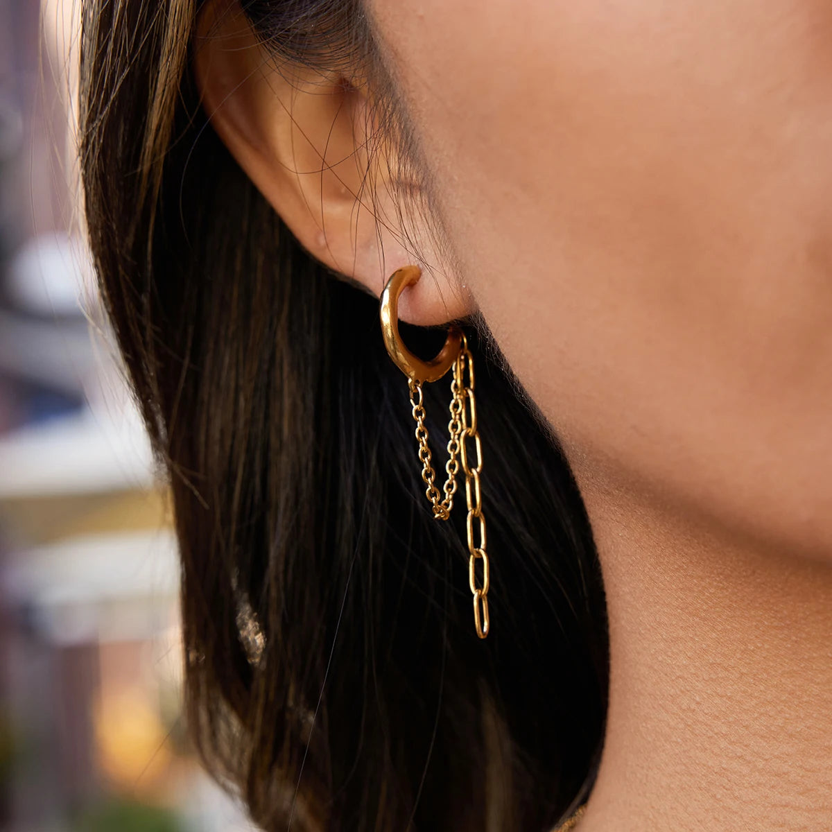 Chain Drop Hoop Earrings — Stainless Steel · PS113