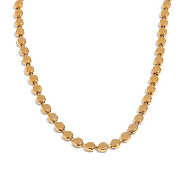 Gold-plated stainless steel necklace with circular beads.