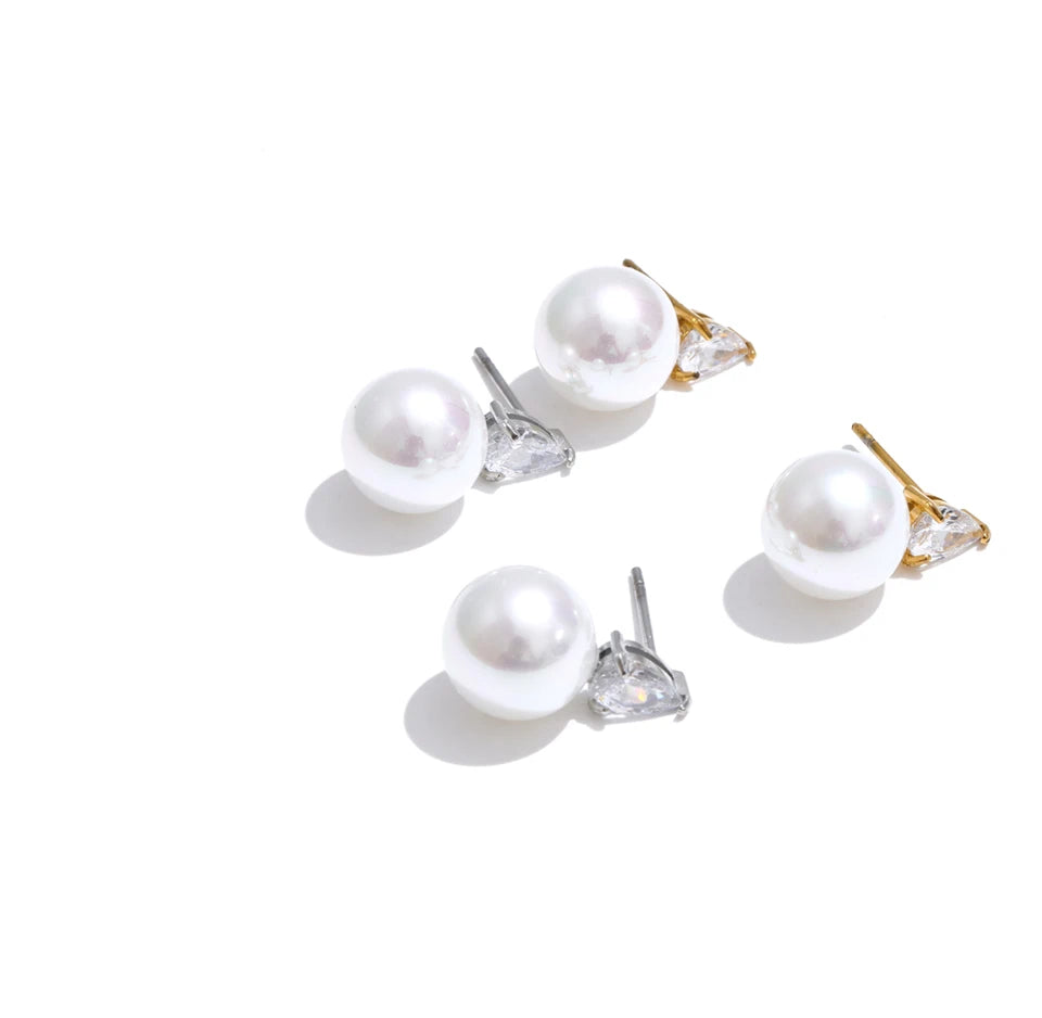 Cubic Zirconia Pearl Geometric Earrings — Gold-Plated Stainless Steel with Pearl and Cubic Zirconia · PS2093