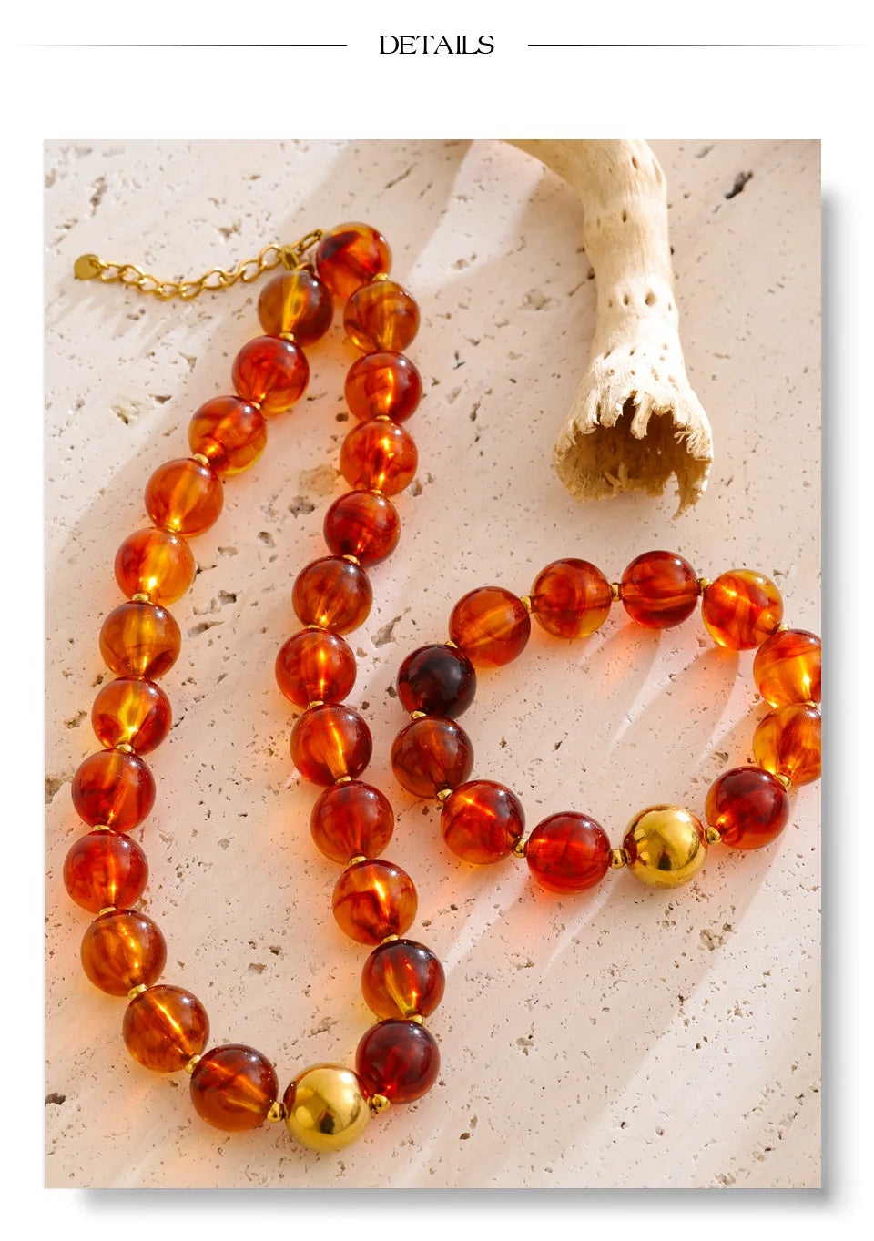 Resin beaded multi-color necklace in gold-plated stainless steel with resin.