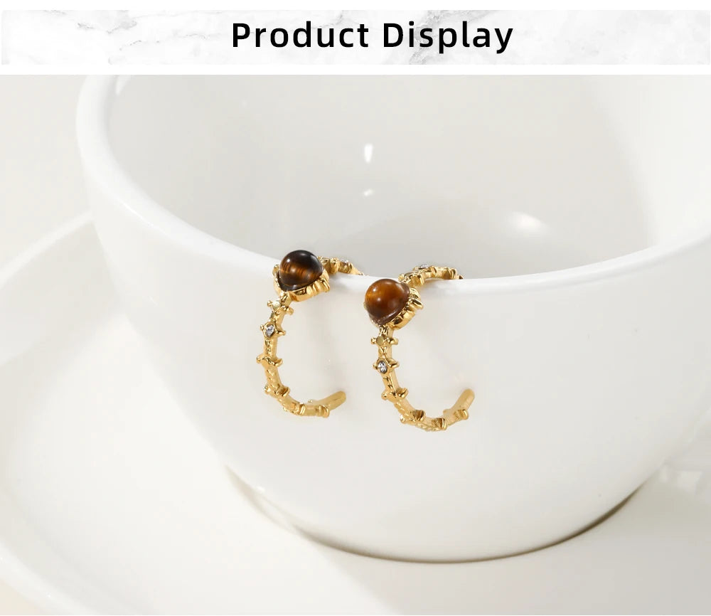 Hoop Earrings Amber Natural Stone Crystal Irregular — 316L Stainless Steel · PS480