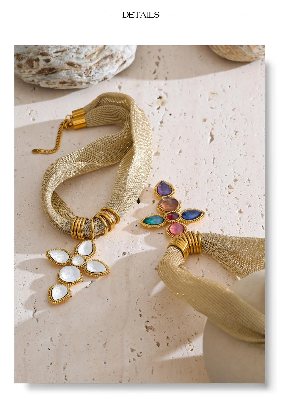 White glass cross necklace in gold-plated stainless steel.