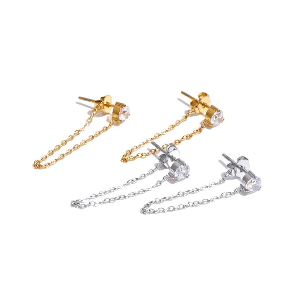 Cubic Zirconia Geometric Chain Earrings — Gold-Plated Stainless Steel with Cubic Zirconia · PS1323