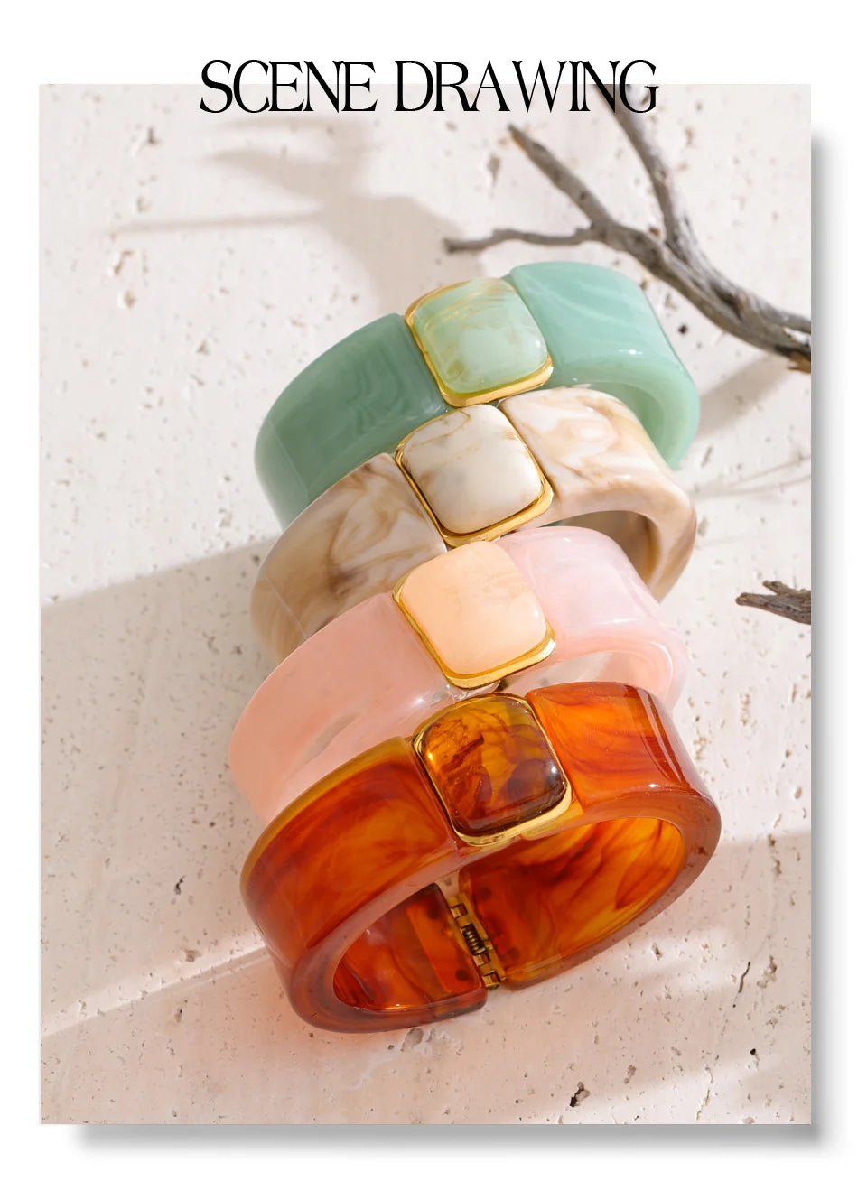Green acrylic geometric bracelet in gold-plated stainless steel with acrylic.