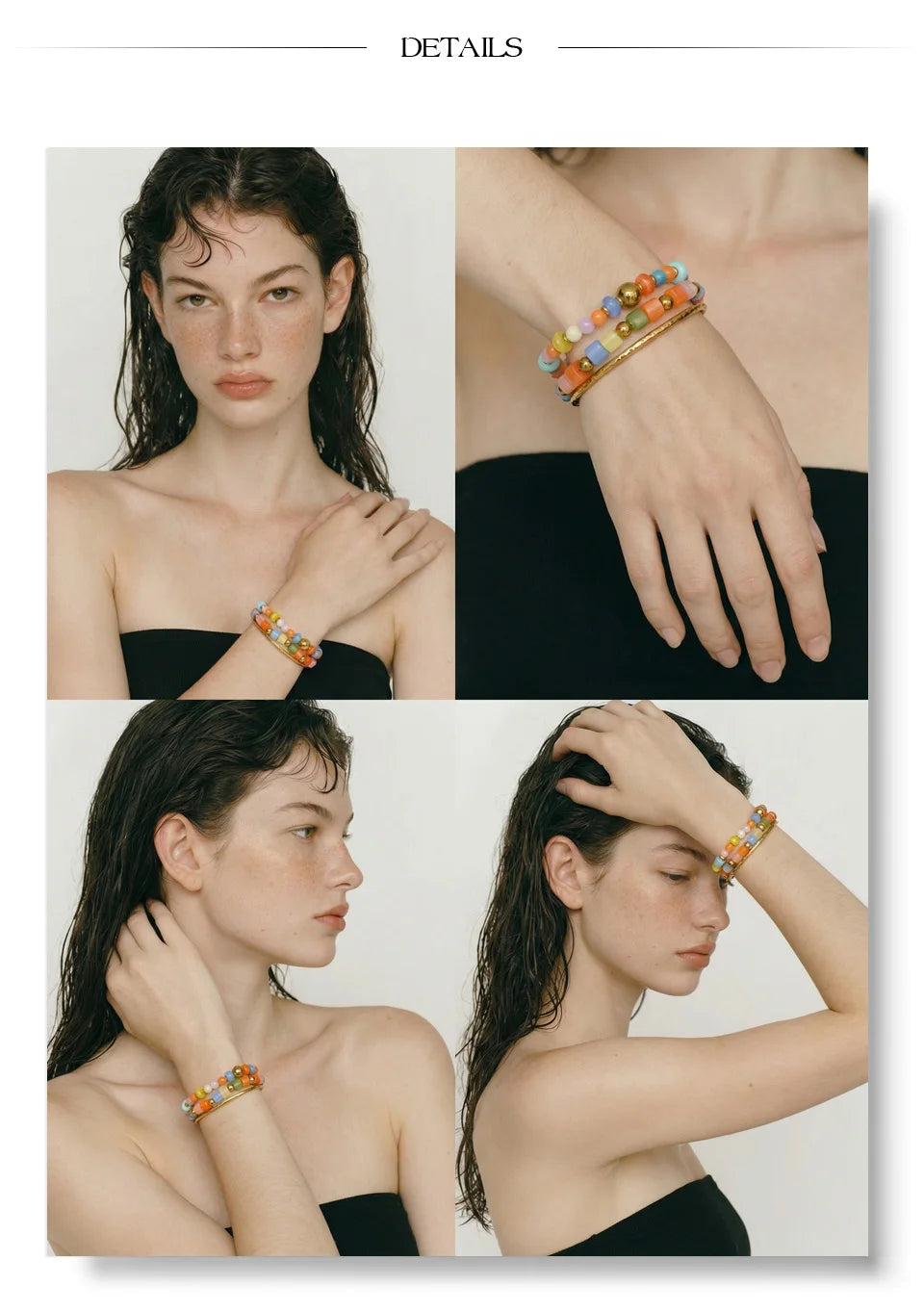 Resin acrylic beaded bracelet in gold-plated stainless steel with resin and acrylic.